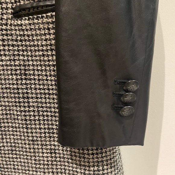 Zara Basic Wool Coat Houndtooth Tweed Faux Leather Sleeves - Picture 2 of 7